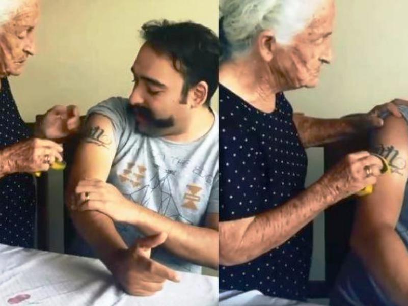 Γριούλα προσπαθεί να σβήσει το τατουάζ του γιου της με… σφουγγάρι (vid)