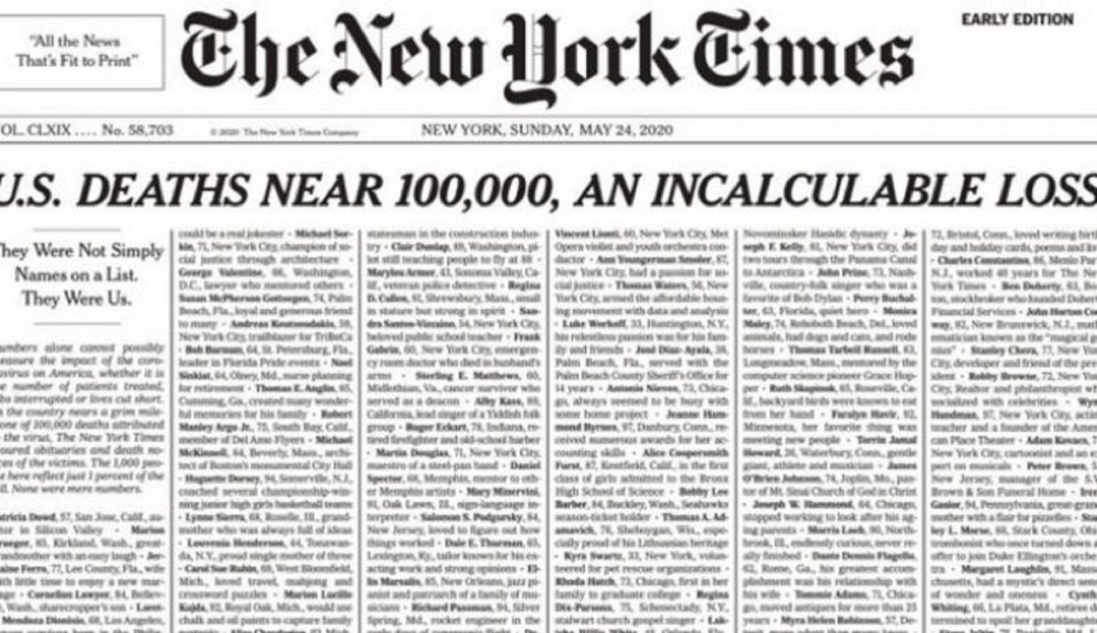 New York Times: Πρωτοσέλιδο με 1.000 ονόματα νεκρών από τον κορωνοϊό