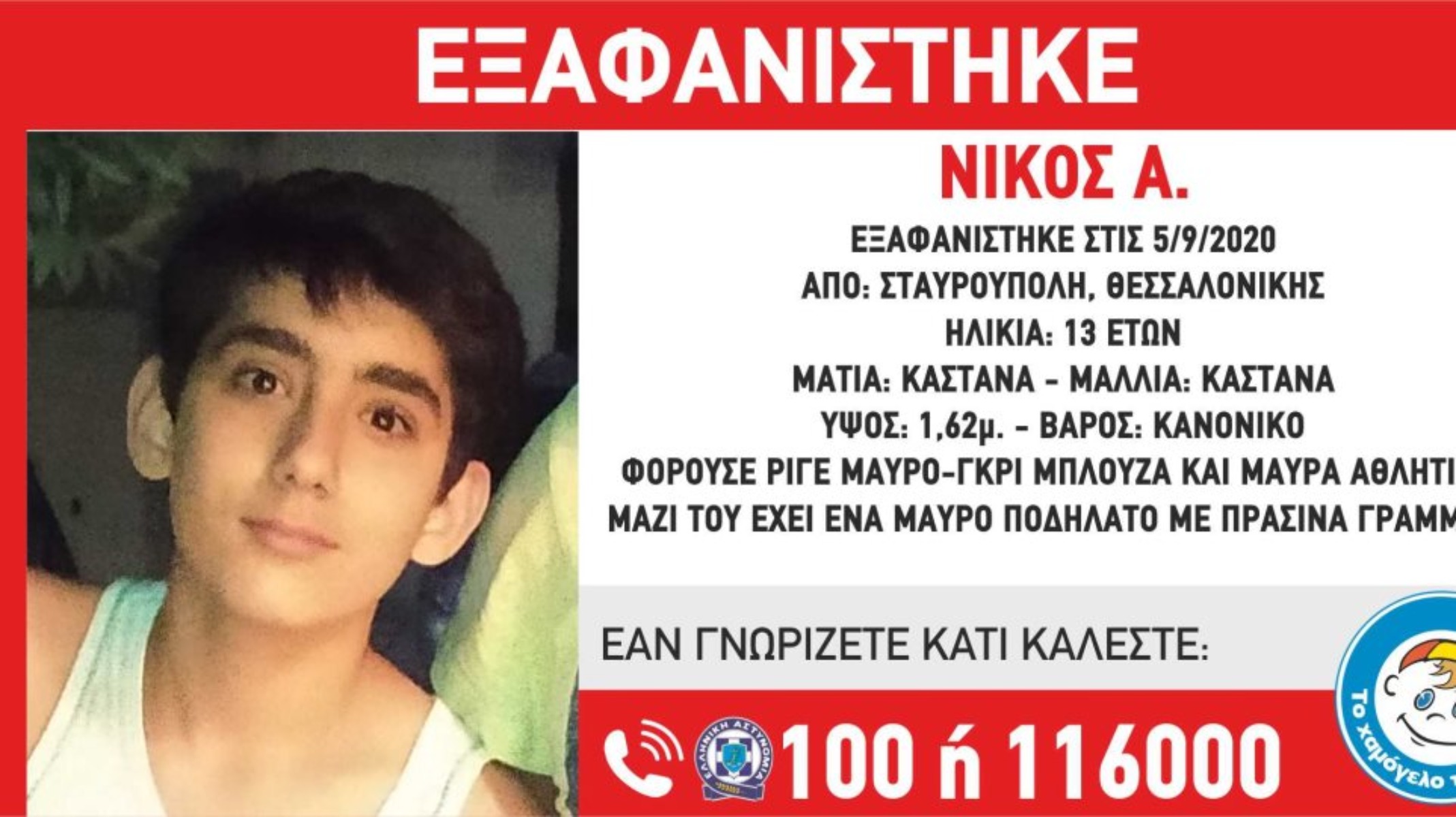 Εξαφάνιση 13χρονου: Αγνοείται από το Σάββατο το απόγευμα από τη Σταυρούπολη Θεσσαλονίκης