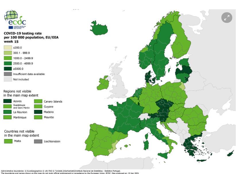Χάρτες ECDC: Στο «βαθύ πράσινο» η Ελλάδα όσον αφορά τα τεστ