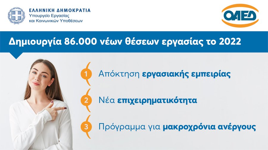 Υπουργείο Εργασίας: 86.000 νέες θέσεις εργασίας θα δημιουργηθούν το 2022 μέσω των προγραμμάτων του ΟΑΕΔ