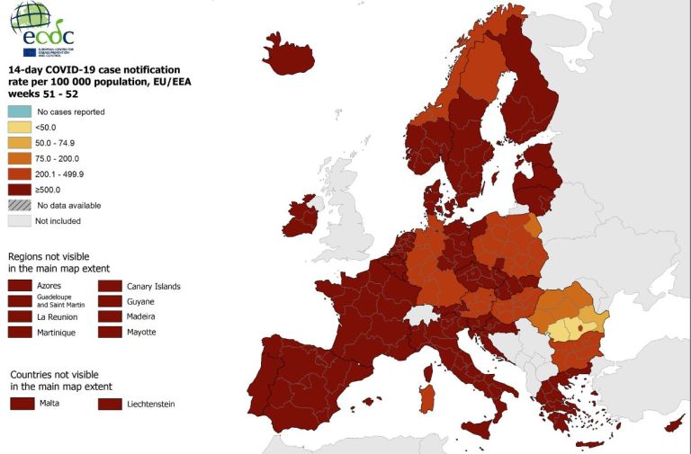Χάρτες ECDC: Παραμένει στο βαθύ κόκκινο η Ελλάδα
