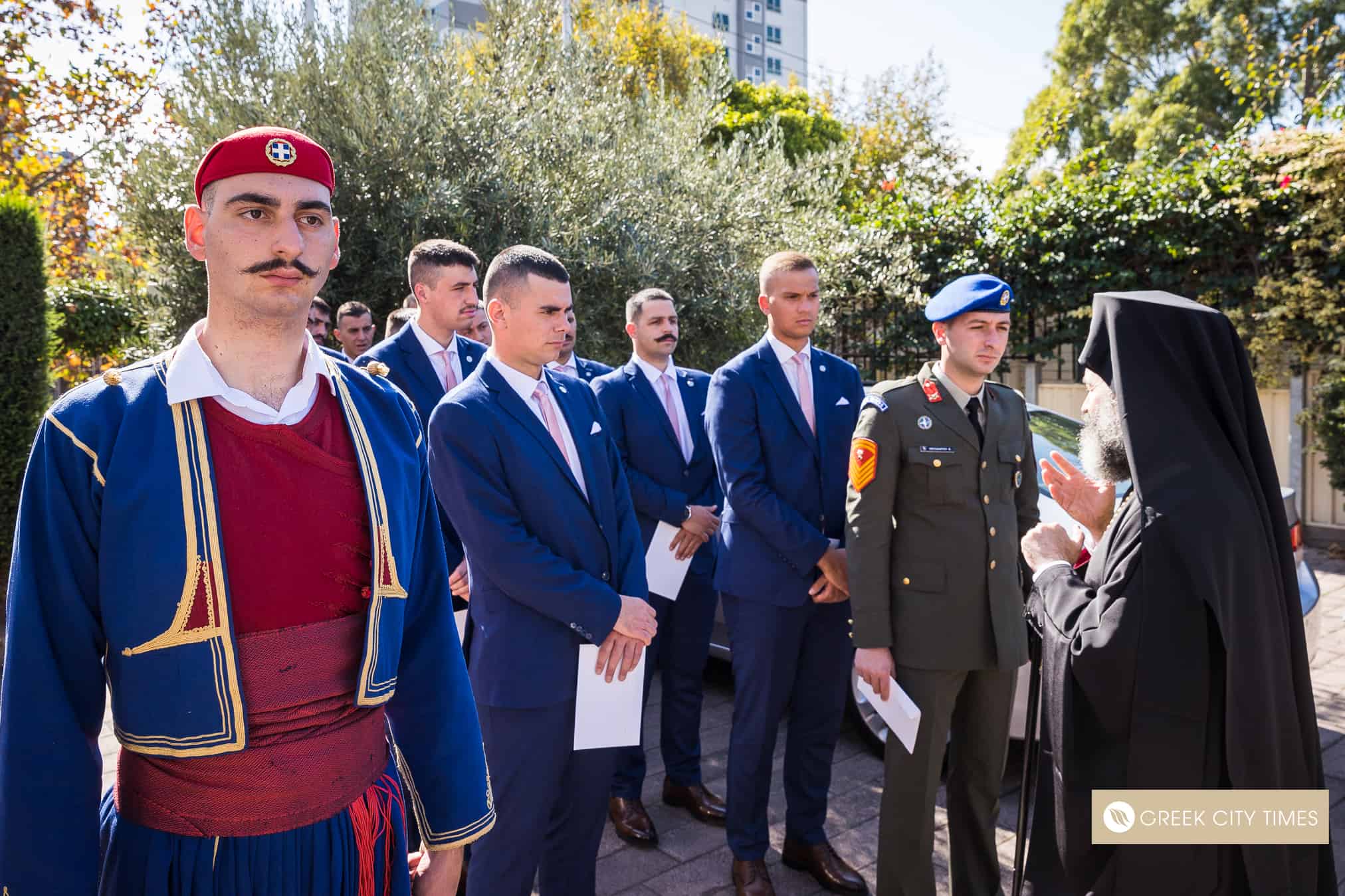 Greece’s famous Evzones meet with Archbishop Makarios in Melbourne