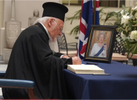 Ecumenical Patriarch Bartholomew signs the condolence book for the Queen Ecumenical Patriarch Bartholomew signs the condolence book for the Queen