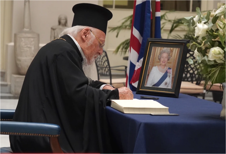 Ecumenical Patriarch Bartholomew signs the condolence book for the Queen