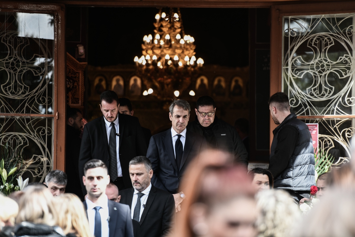 PM Mitsotakis attends funeral of Tempi train crash victim Spiros Voulgaris in Kesariani