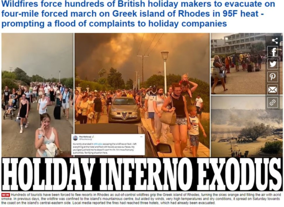 Φωτιά στη Ρόδο: Πρωτοσέλιδο στη βρετανική Daily Mail η ταλαιπωρία των τουριστών στη Ρόδο