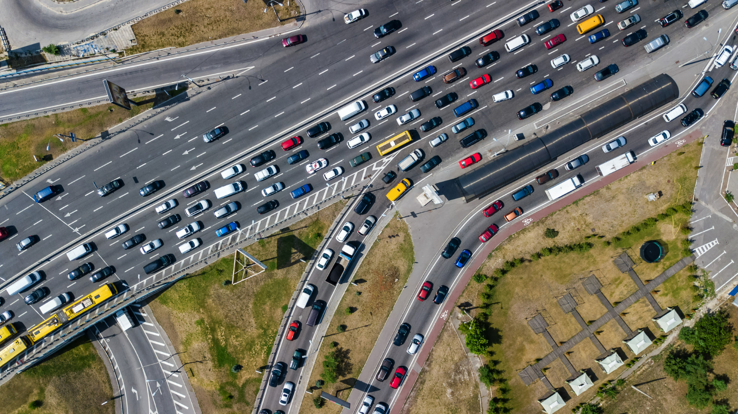 aerial top view road junction from automobile traffic jam many cars transportation concept
