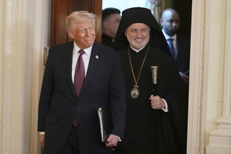 Archbishop Elpidophoros of America gifts President Trump holy cross, compares him to Constantine the Great