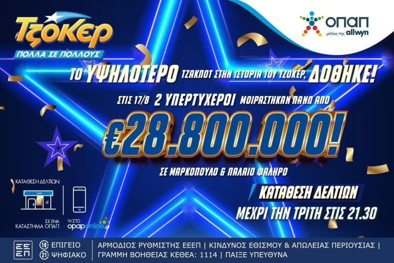 Το τζακ ποτ της ζωής τους:Σε καταστήματα ΟΠΑΠ σε Μαρκόπουλο&Π.Φάληρο αναδείχθηκαν οι ιστορικοί νικητές ΤΖΟΚΕΡ