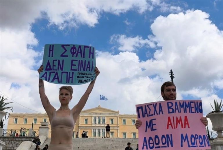 Διαμαρτυρία βίγκαν ακτιβιστών στο Σύνταγμα κατά της θανάτωσης αμνοεριφίων για το Πάσχα